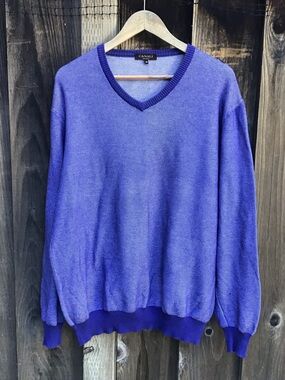 Canali Knit V Neck Sweater Purple Blue Cotton Pullover Mens Size 58 Italy